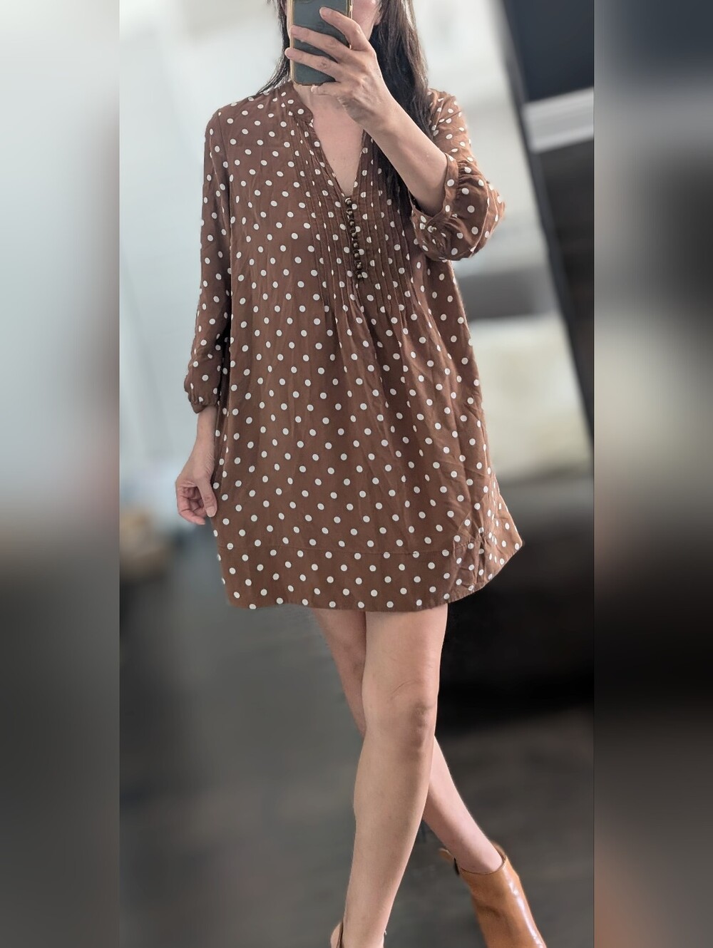 Fossil 100% Silk Brown Cream Polka Dot 3/4 Sleeve Mini Dress